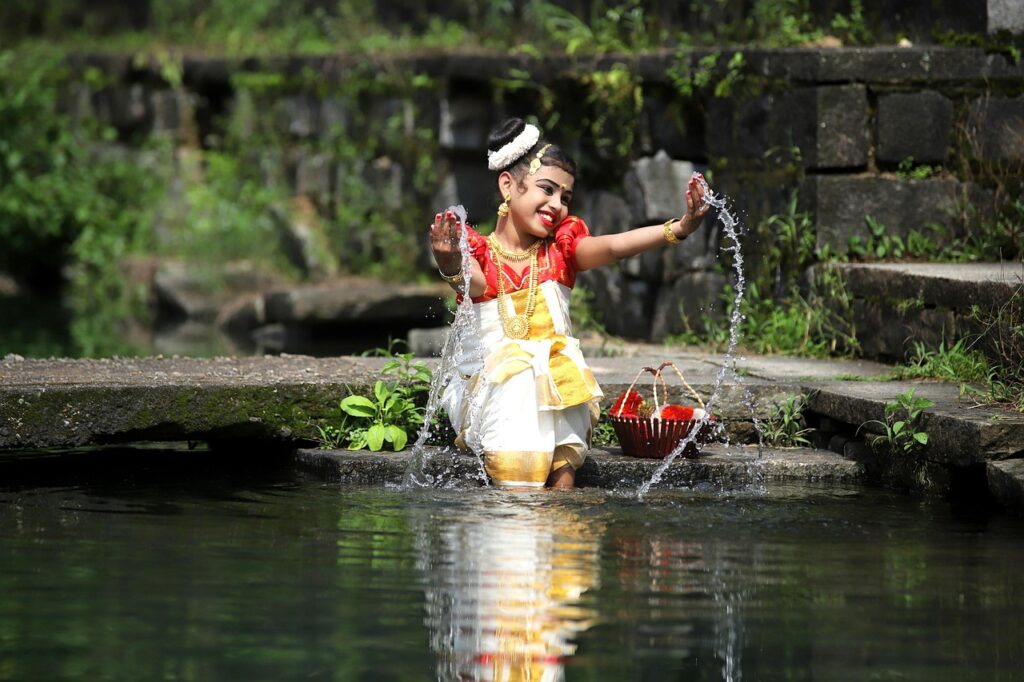 girl, river, indian, play, splash, water, traditional dress, kerala dress, child, kid, young, nature, happy, traditional, kerala